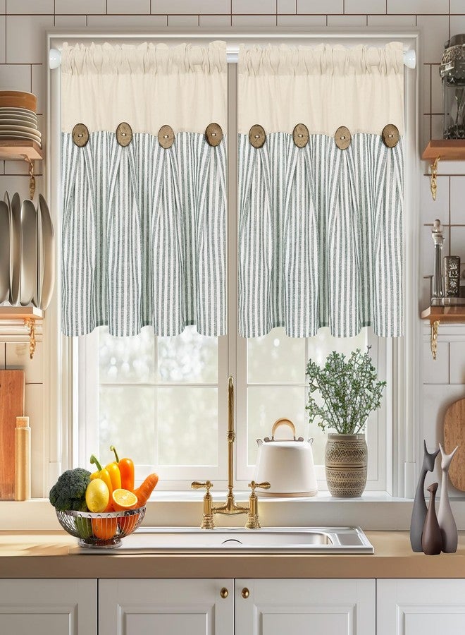 BLEUM CADE Cotton Linen Farmhouse Kitchen Curtains 24 Inch Boho Rustic Button Tier Curtains Natural/Sage Green Stripe Color Block Curtain Rod Pocket Small Window Curtain for Cafe Bathroom Bedroom Drapes - Image 1